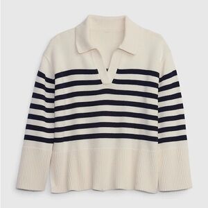 GAP Striped 24/7 Split Hem Polo Sweater Navy Blue & Cream Cotton Size XXL Tall
